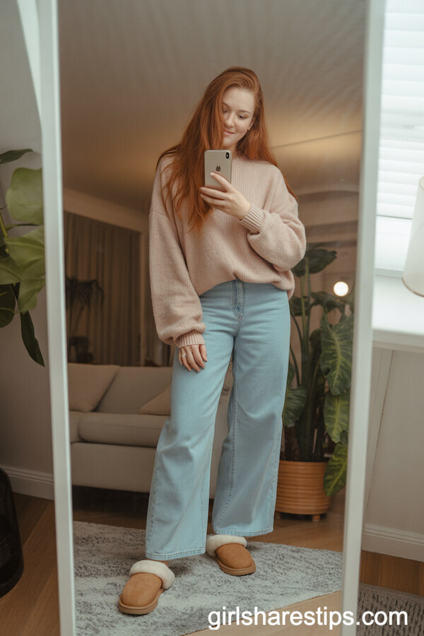Tan UGG Slippers with Light Blue Wide Leg Jeans and Oversized Sweater