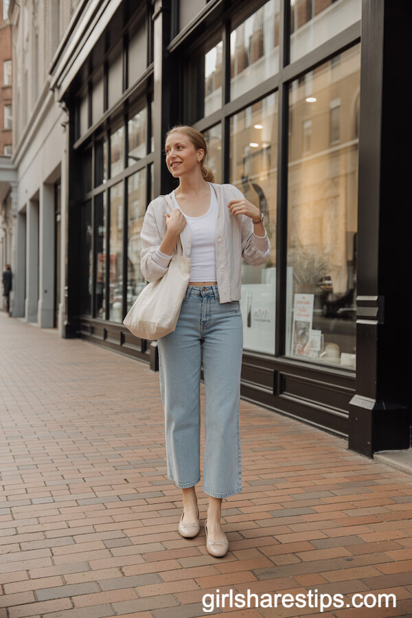 Nude Ballet Flats with Cropped Wide Leg Jeans and Pastel Cardigan