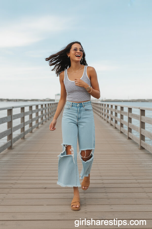 Tan Slide Sandals with Frayed Light Blue Wide Leg Jeans and Striped Tank