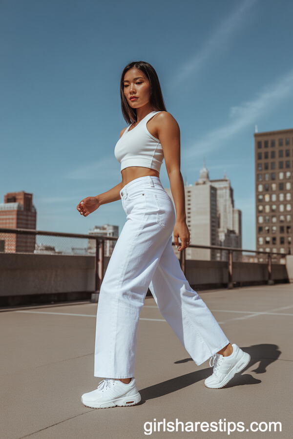 All-White Athletic Dad Sneakers with White Wide Leg Jeans and Athletic Crop Top