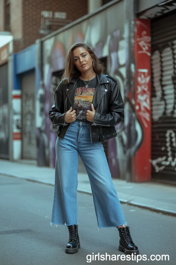 Combat Boots with Graphic Tee and Raw Hem Wide Leg Jeans