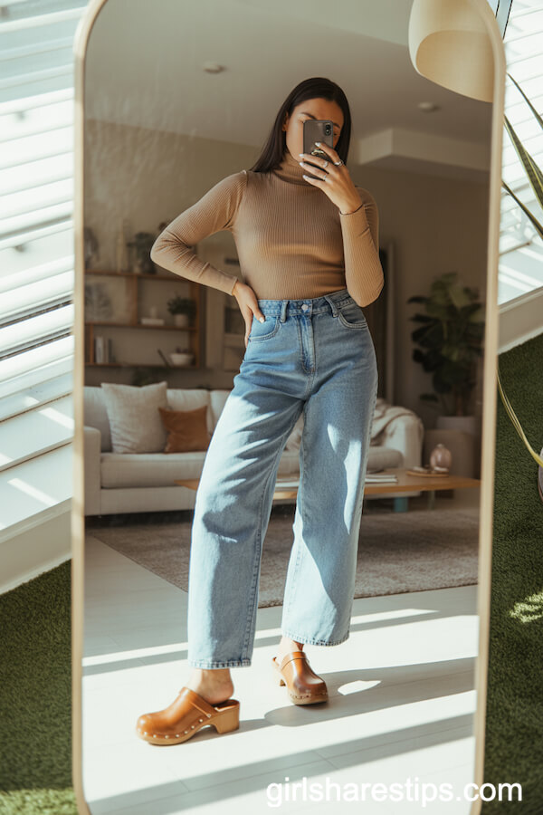 Caramel Suede Clogs with High-Rise Wide Leg Jeans and Ribbed Fitted Turtleneck