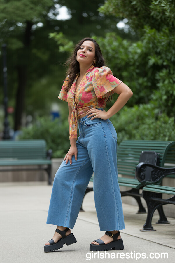Black Chunky Platform Sandals with Wide Leg Jeans and Bright Floral Blouse