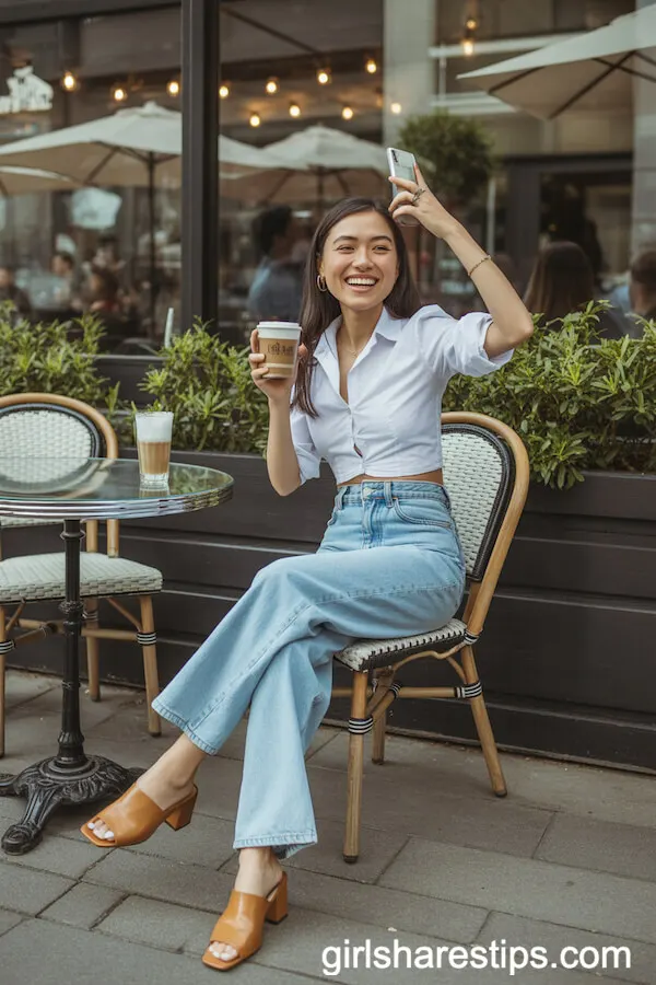 Tan Heeled Mules with High-Waisted Wide Leg Jeans and White Button-Down