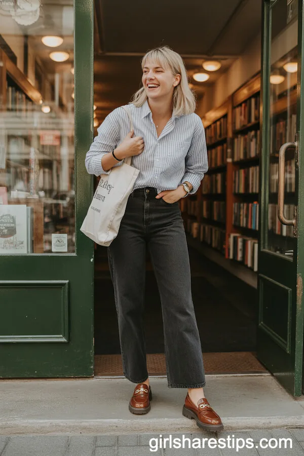 Retro Loafers with Dark Wide Leg Jeans and Striped Button-Up Shirt