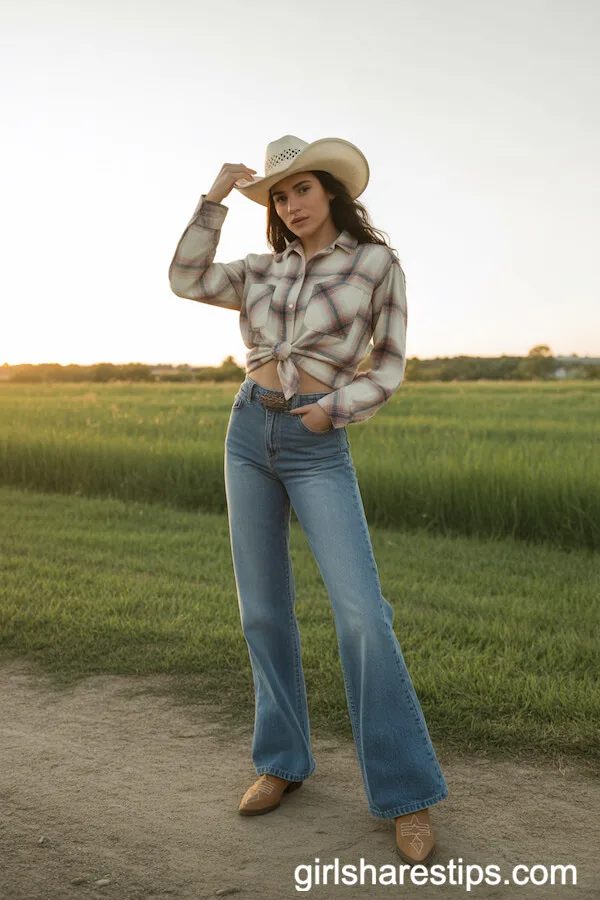 Cowboy Boots with Plaid Shirt and Wide Leg Jeans