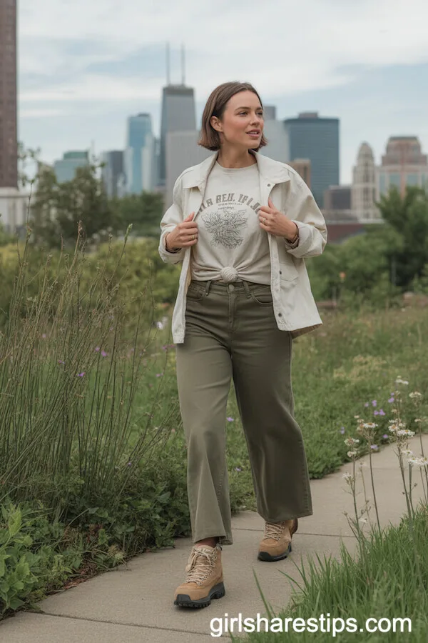 Hiking Boots with Olive Wide Leg Jeans and Graphic Tee