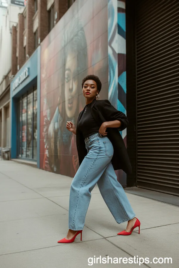 Red Stiletto Heels with Washed-Out Wide Leg Jeans and Fitted Black Top