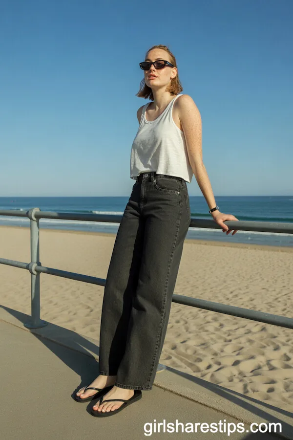 Black Flip-Flops with Dark Grey Wide Leg Jeans and Loose Tank Top
