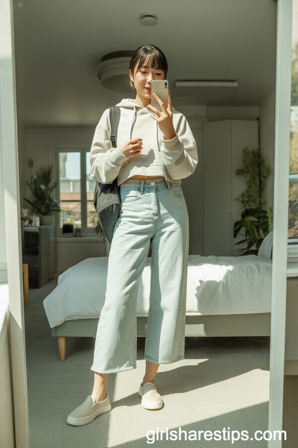 Slip-On Canvas Shoes with Cropped Light Wide Leg Jeans and Cropped Hoodie