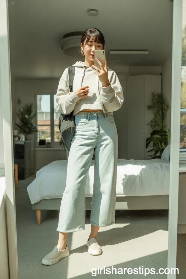 Slip-On Canvas Shoes with Cropped Light Wide Leg Jeans and Cropped Hoodie