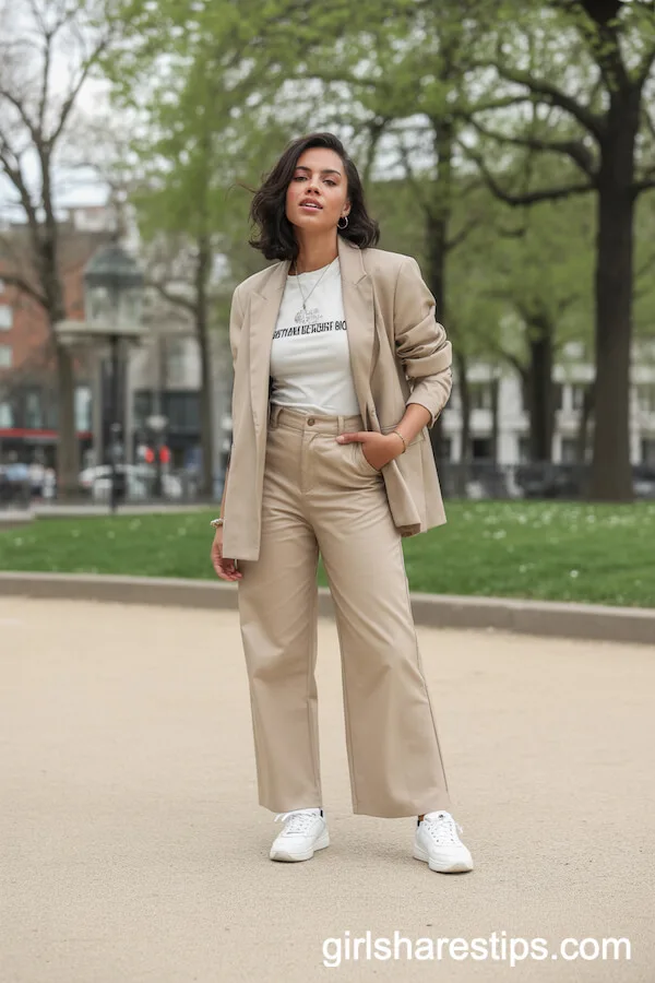 White Sneakers with Wide Leg Pants and a Graphic Tee