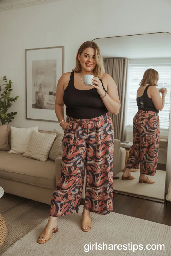 Nude Leather Mules with Vibrant Wide Leg Pants and a Fitted Tank Top