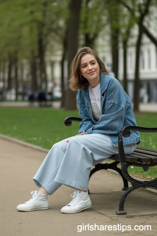 White High-Top Sneakers with Relaxed Wide Leg Pants and a Logo Tee
