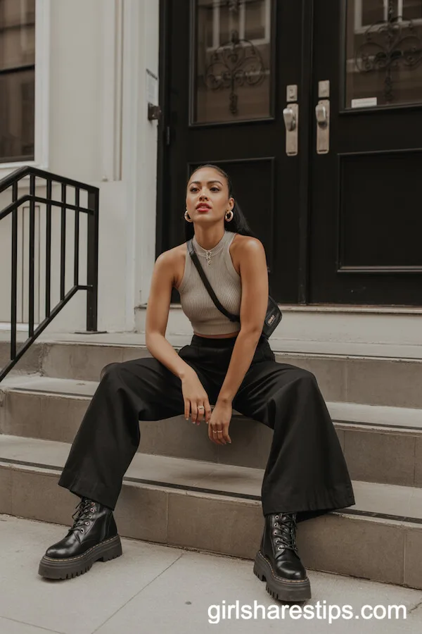 Chunky Combat Boots with Black Wide Leg Pants and a Ribbed Crop Top