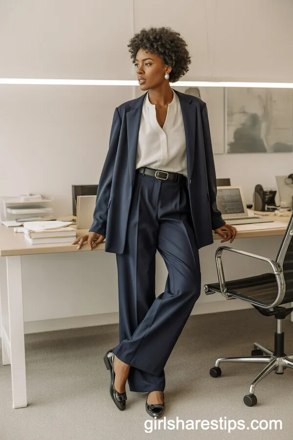 Classic Ballet Flats with Navy Wide Leg Trousers and a White Blouse
