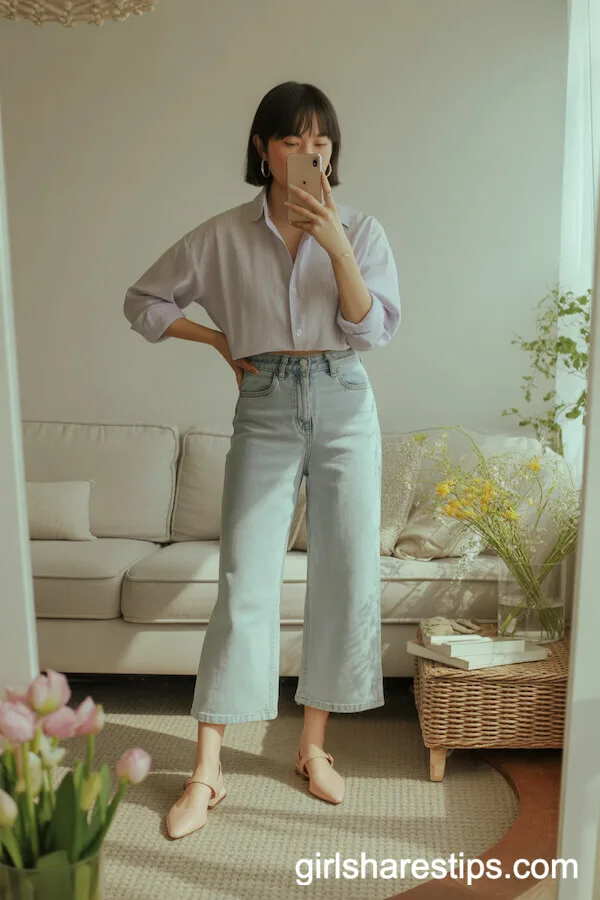 Blush Pink Slingback Flats with Cropped Wide Leg Jeans and a Button-Down Shirt