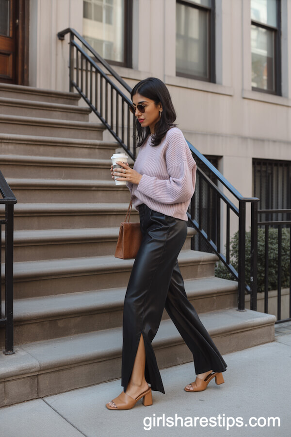 Tan Heeled Mules with Black Split-Hem Wide Leg Pants and a Pastel Sweater