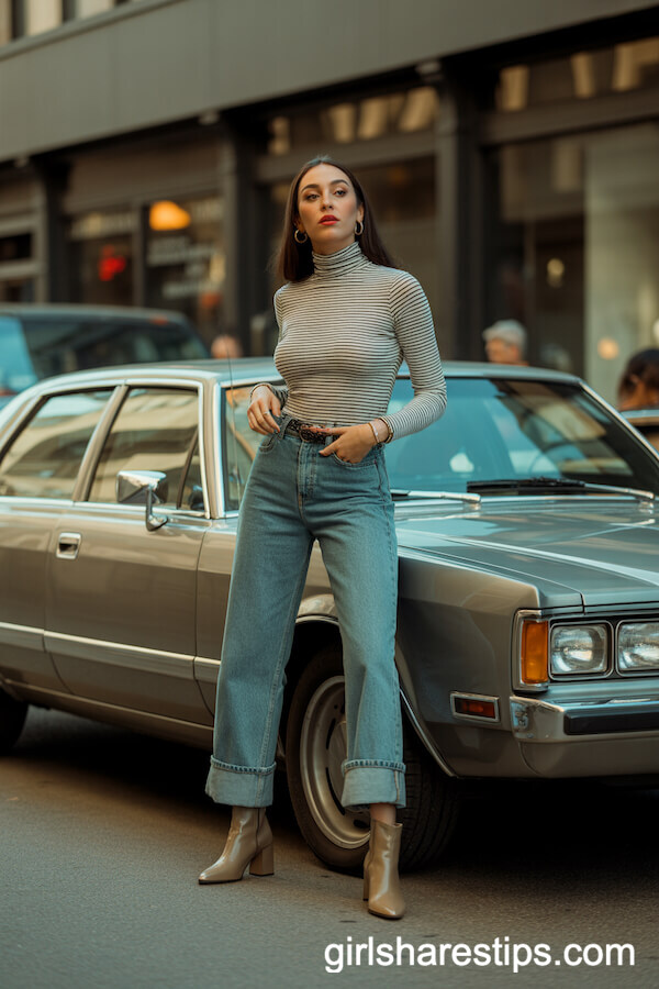 Taupe Ankle Boots with Cuffed Wide Leg Jeans and a Fitted Striped Turtleneck