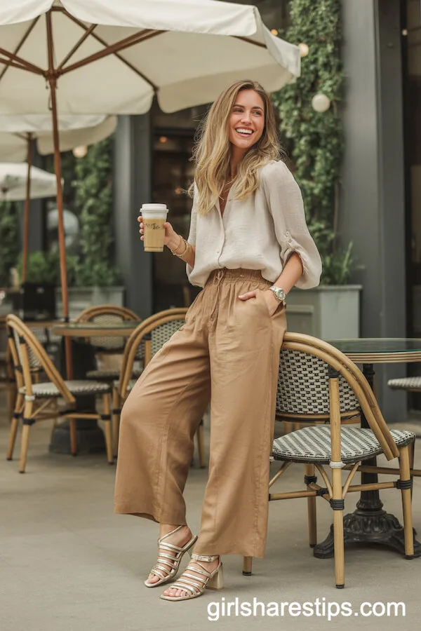 Strappy Heeled Sandals with Linen Wide Leg Pants and a Flowy Blouse