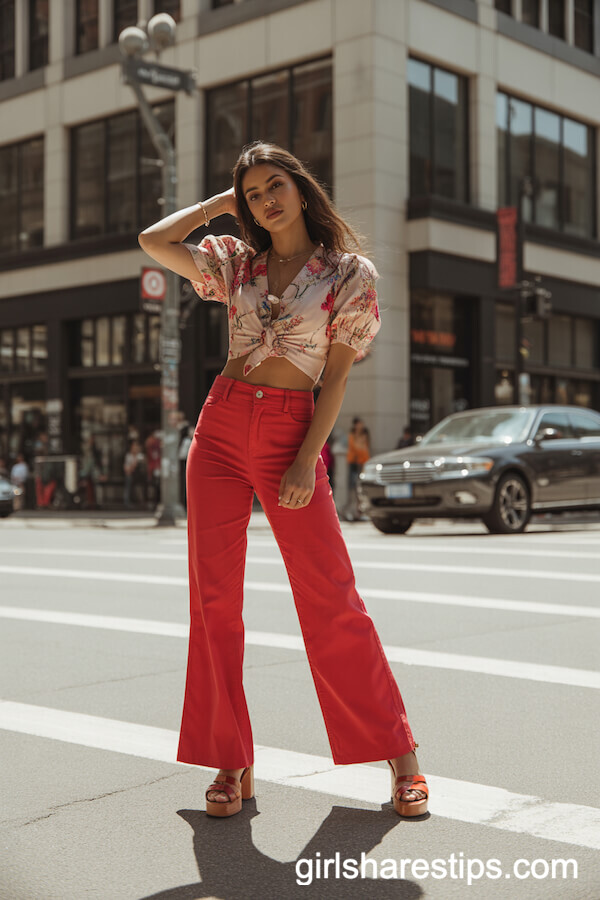 70s Platform Sandals with Red Wide Leg Pants and a Tucked-In Floral Blouse