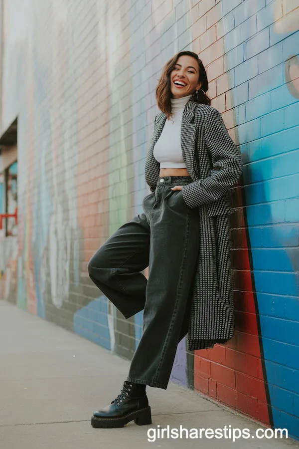 Chunky Black Ankle Boots with Charcoal Wide Leg Pants and a Statement Coat