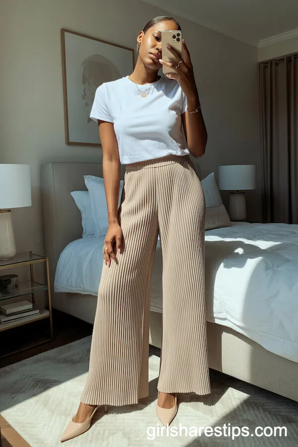 Pointed Flats with High-Waisted Pleated Wide Leg Pants and a Simple Tee