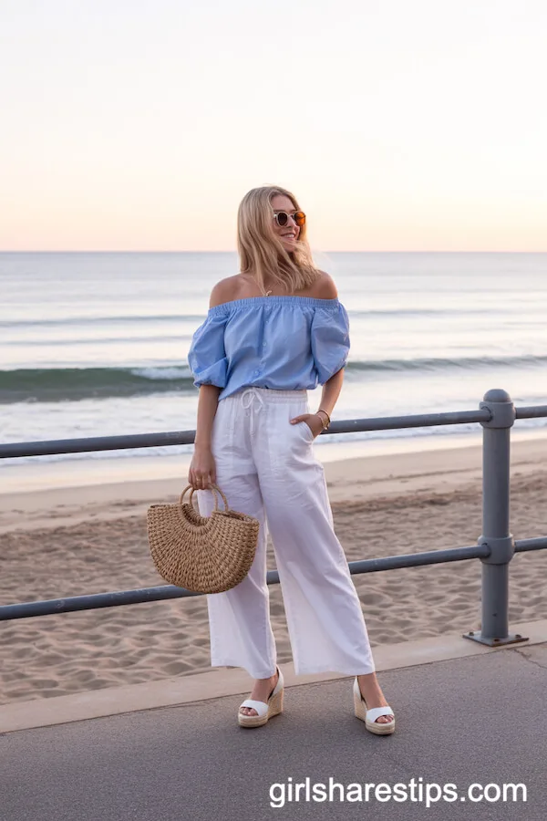 Espadrille Wedges with White Wide Leg Pants and an Off-Shoulder Top