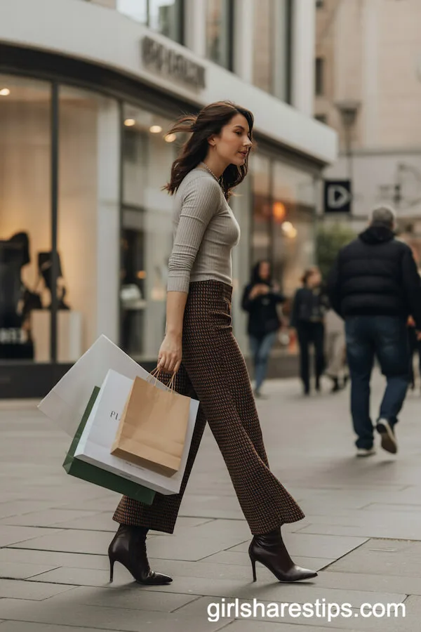 Slim Heeled Boots with Patterned Wide Leg Pants and a Cashmere Sweater