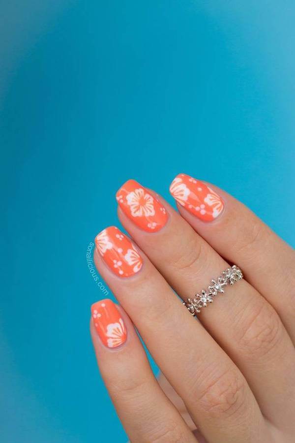 Bright Orange Hawaiian Floral Nail Art