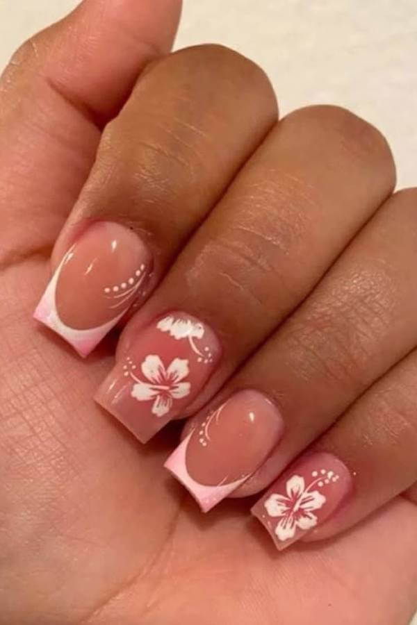 Pink French Tip With White Hibiscus Flowers