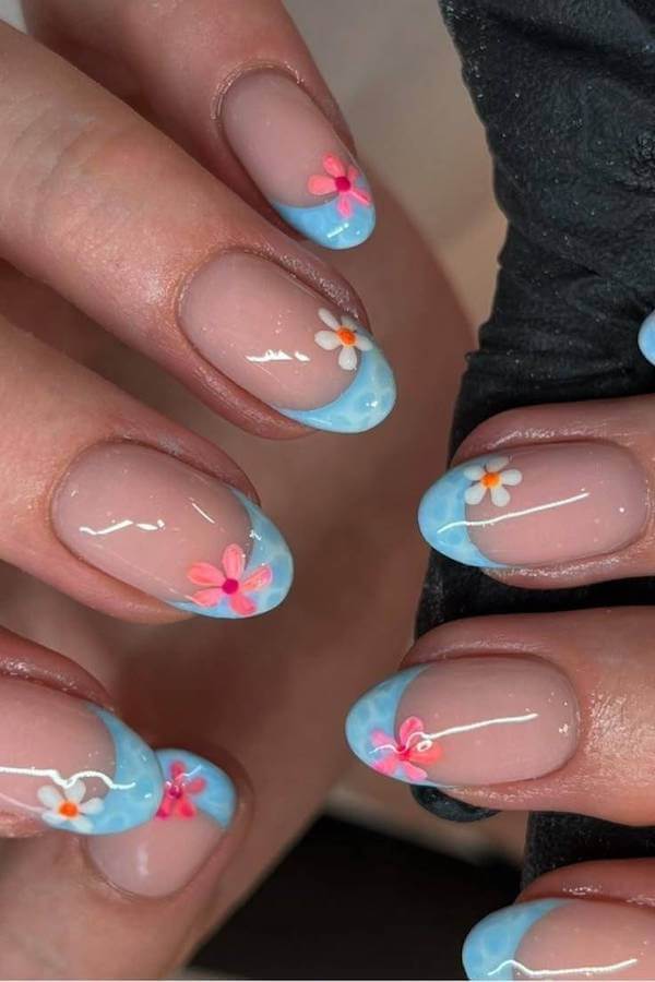 Blue French Tips With Colorful Hawaiian Flowers
