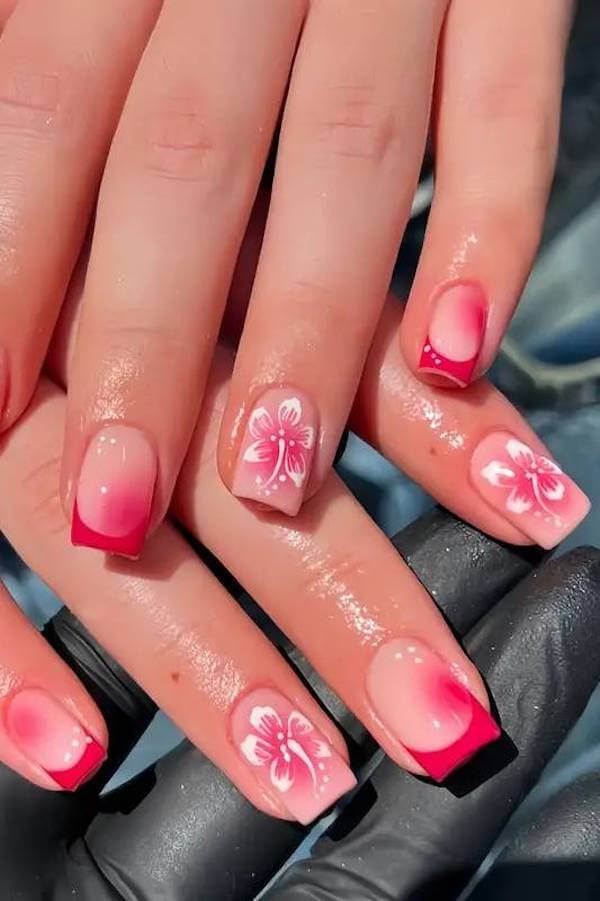 Red Ombre Hawaiian Flower Nails