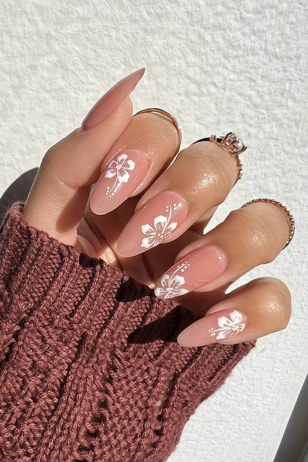 Nude Almond Nails With Hibiscus Flowers