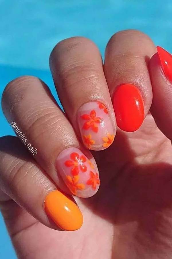 Neon Orange Floral Short Nails
