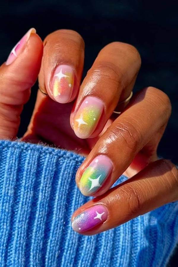 Rainbow Gradient Nails with Star Accents