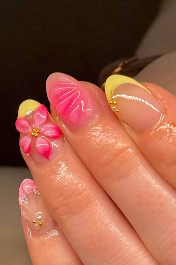 Pink 3D Floral Nails with Yellow Tips
