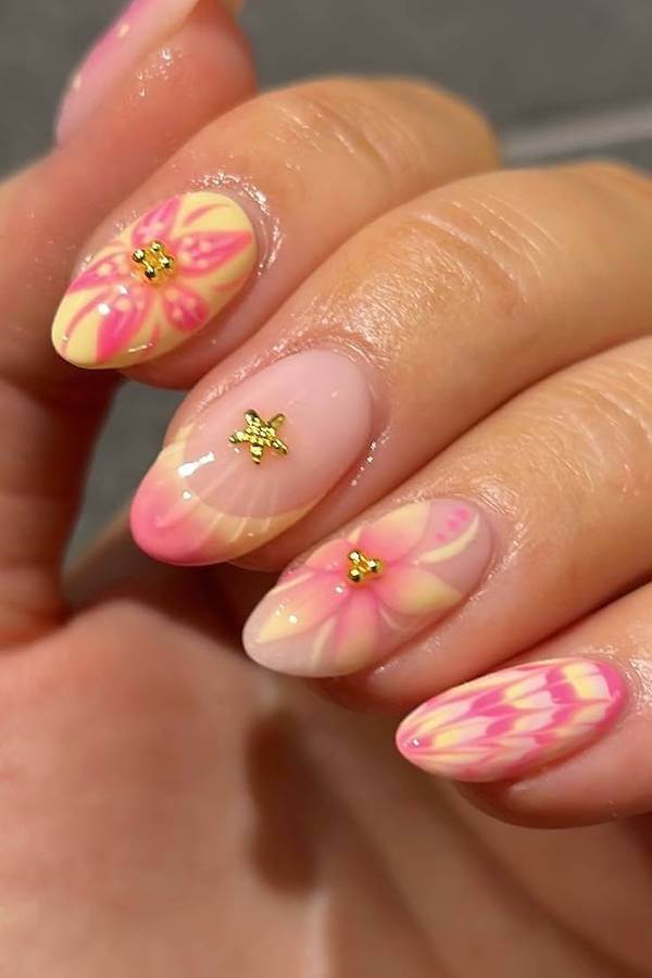 Pink and Yellow Tropical Floral Nails