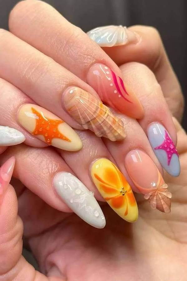Starfish and Seashell 3D Nails
