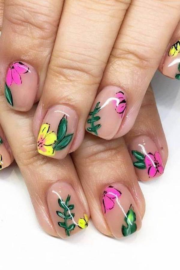 Bright Floral and Leafy Nails