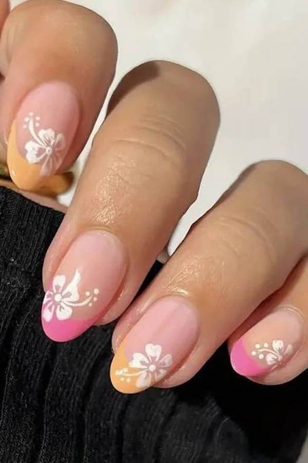 Tropical Pink and Yellow Hibiscus Nails
