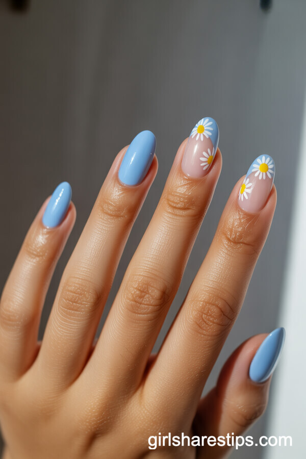 Short Almond Nails With Baby Blue and Daisy Flower Accents