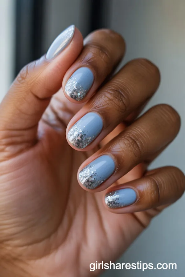 Short Oval Nails With Baby Blue and Silver Glitter Gradient