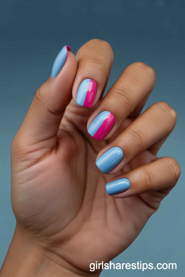 Short Square Nails With Baby Blue and Hot Pink Diagonal Design