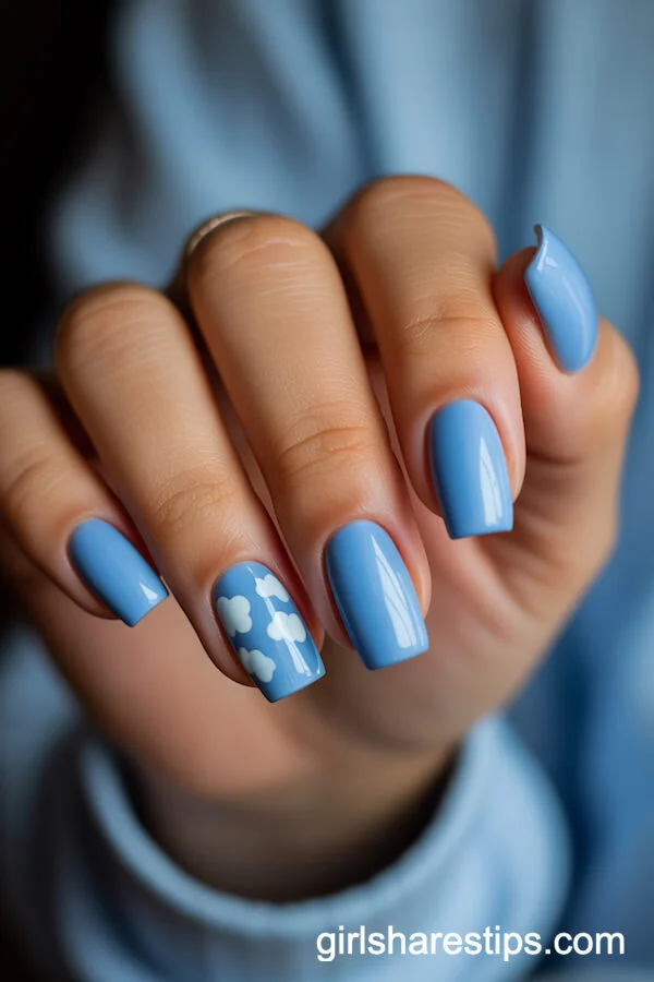 Short Coffin Nails With Baby Blue and Cloud Accents