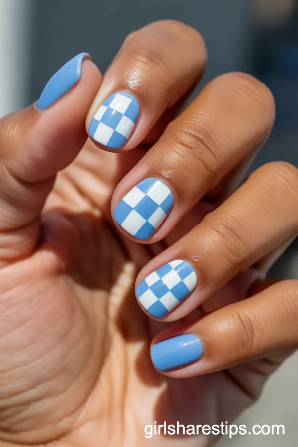 Short Square Nails With Baby Blue and White Checkerboard Pattern