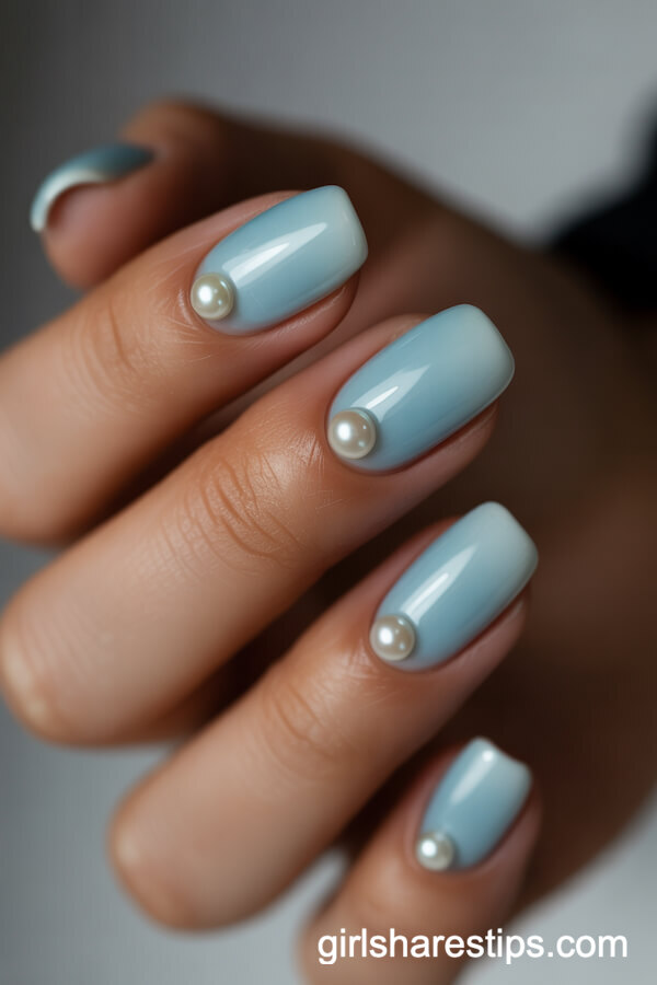 Short Squoval Nails With Jelly Baby Blue and 3D Pearl Accents