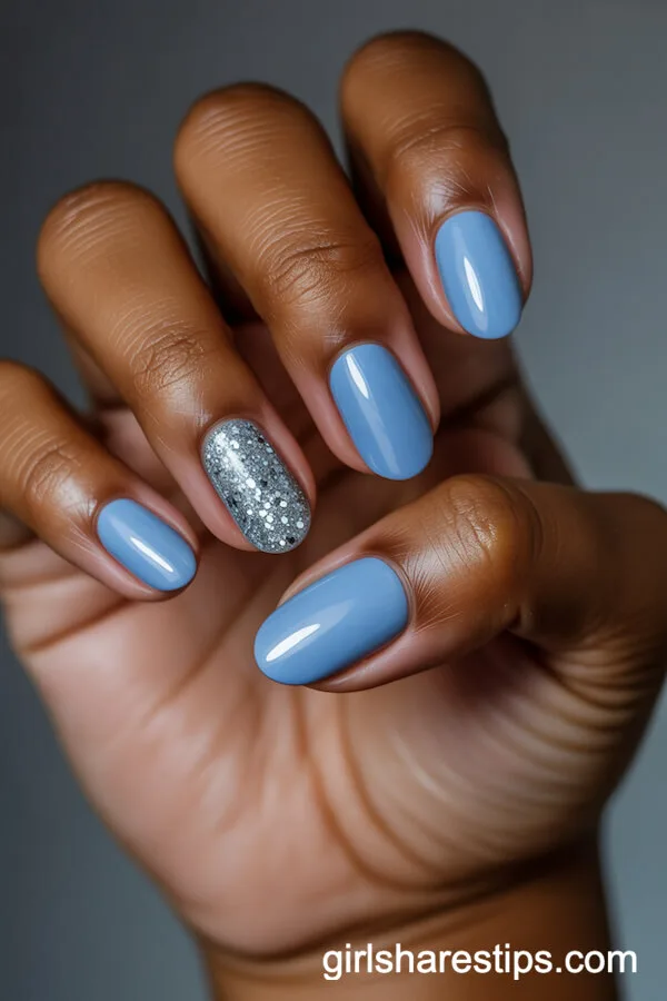 Baby Blue Short Oval Nails With Silver Glitter Accent