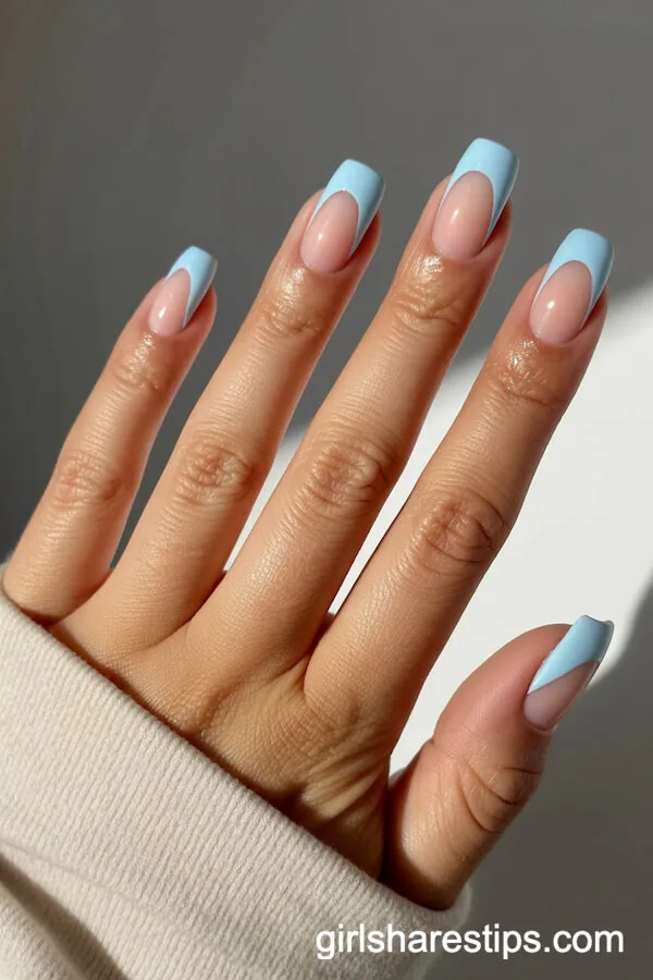 Short Squoval Nails With Baby Blue and Nude Geometric Art