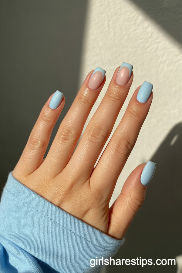 Mix-n-Match Baby Blue and Sandy Beige Short Square Nails